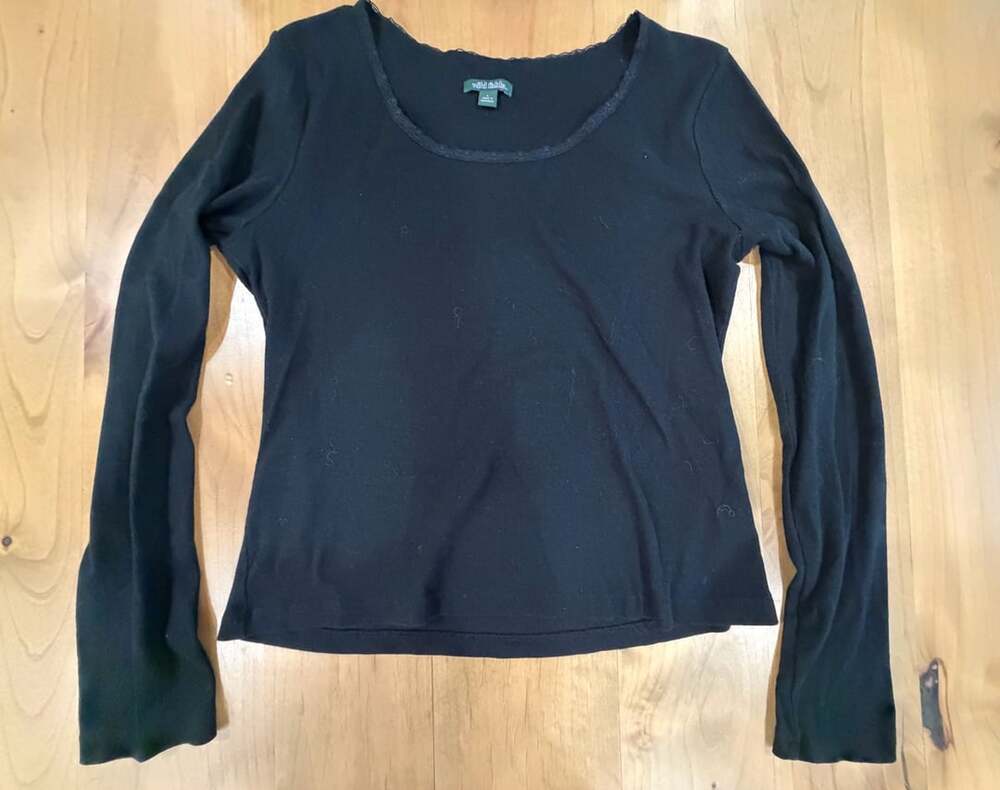 Wild Fable Black Long Sleeve Ribbed Scoop Neck Top with Lace Trim Size L